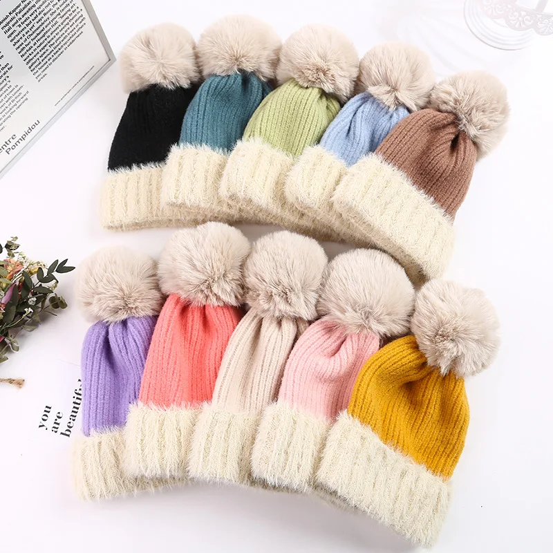 Children Knitted Beanies For Boy Girl Casual Warm Hat Fur pom pom Winter Hats 12-36Months Baby Knitting Hat Outdoor Ski Caps