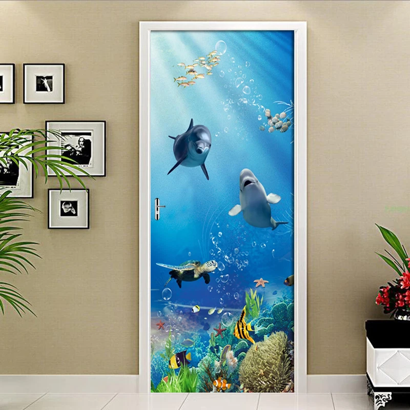 Съемная дверь наклейки Подводный мир морской рыбы Фреска Гостиная Спальня Декор Двери Обои DIY самоклеющаяся Наклейка на стену