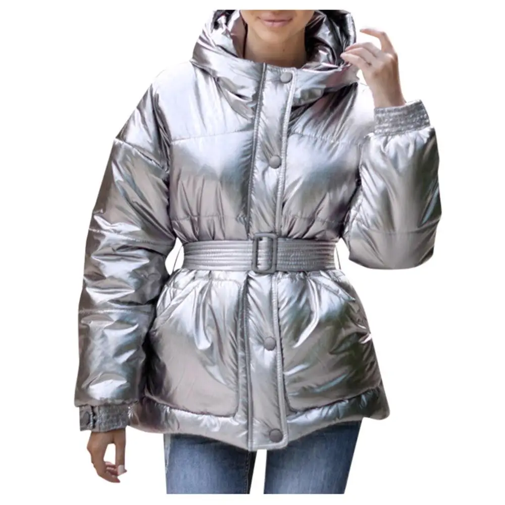 Женское пальто с хлопковой подкладкой, куртка-бомбер с капюшоном, светоотражающие Серебристые модные зимние куртки, пальто с поясом, Abrigos Mujer Invierno - Цвет: Серебристый