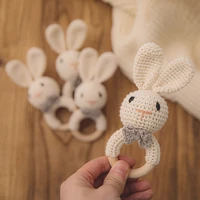 Wooden Baby Rattle Crochet Beige Rabbit Cute Shape Attracts Baby's Attention Newborn Stuffed Animal Organic Rattle Ideas Props 1