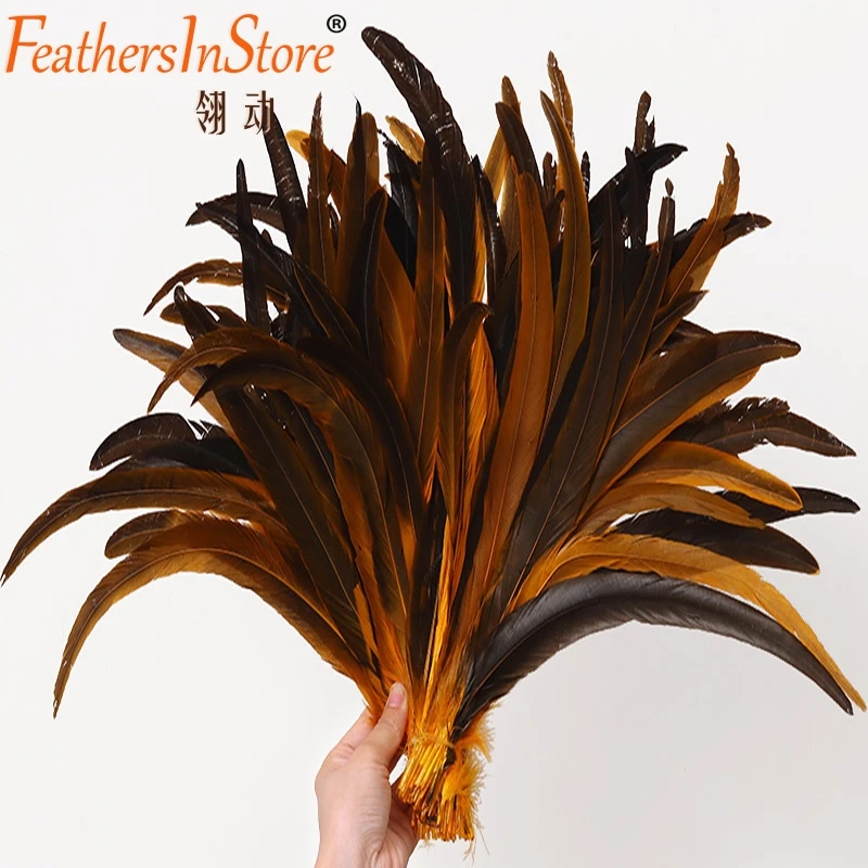 100pcs 12-14inch dyed rooster feather tails 30-35cm coque tail feathers for carnival art accessories - Color: gold yellow