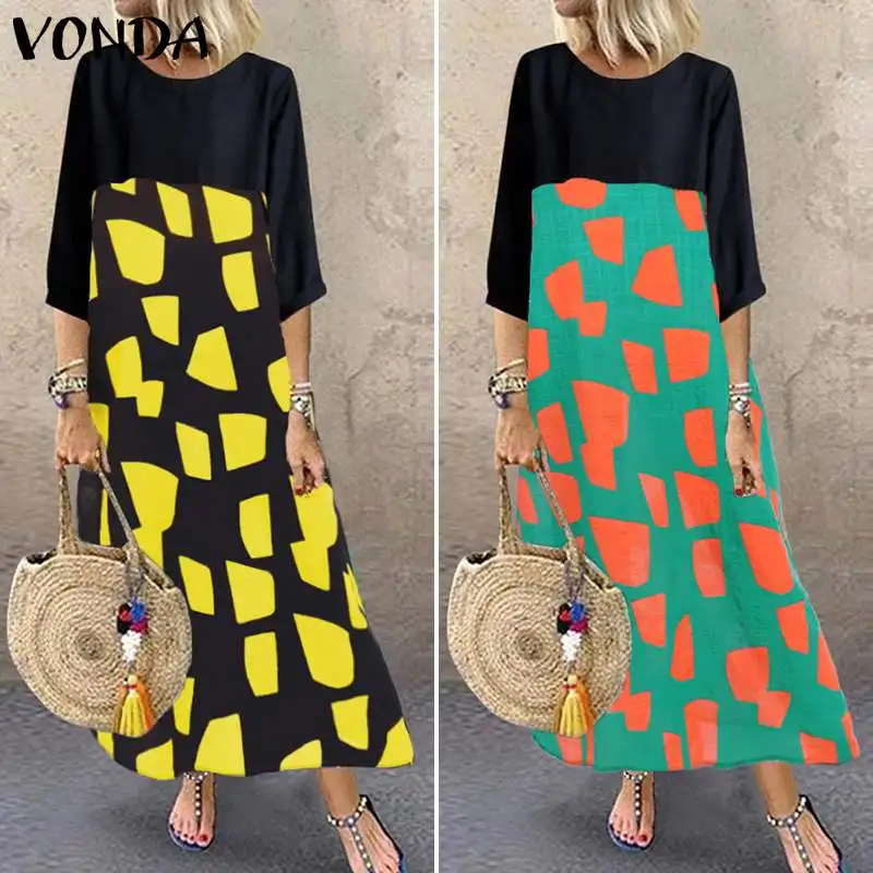 VONDA/летнее лоскутное Макси-платье размера плюс, сарафан с круглым вырезом и рукавом 3/4, длинные платья, повседневное праздничное Открытое платье, богемное платье Vestidos 5XL