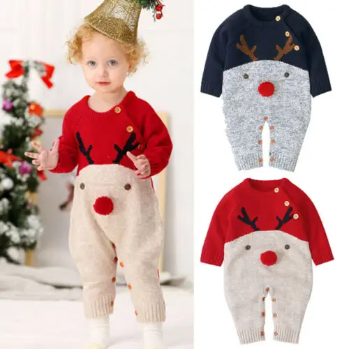 New Christmas Baby Boy Girl Long Sleeve Deer Knitting Romper Jumpsuit Playsuit Outfits Xmas Clothes