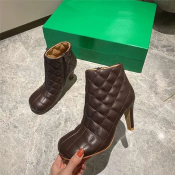 

Women's Shoes 2020 Square Toe Genuine Leather Ankle Shoes Zipper High Heels Boots Goth Designer Brand Luxury Women Shoes 2020