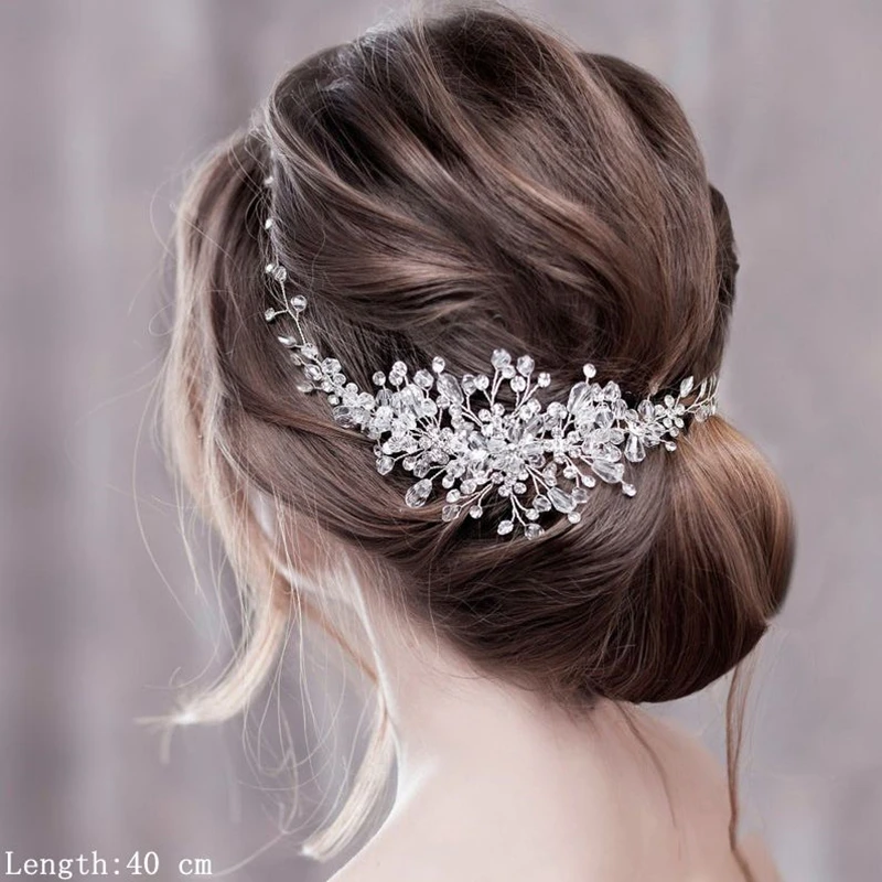 Catery Flower Bride Wedding Headband Silver Crystal Hair Vine Pearl Hair  Band Braid Headpiece Bridal Hair Accessories for Women (B-Silver-40CM)