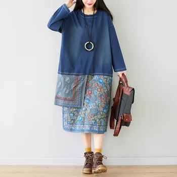 

Fashion 2020 new national style round collar long style personality large size patchwork irregular color collision dress