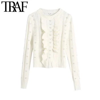 

TRAF Women Fashion With Faux Pearls Ruffled Cropped Knitted Sweaters Vintage Long Sleeve Female Pullovers Chic Tops