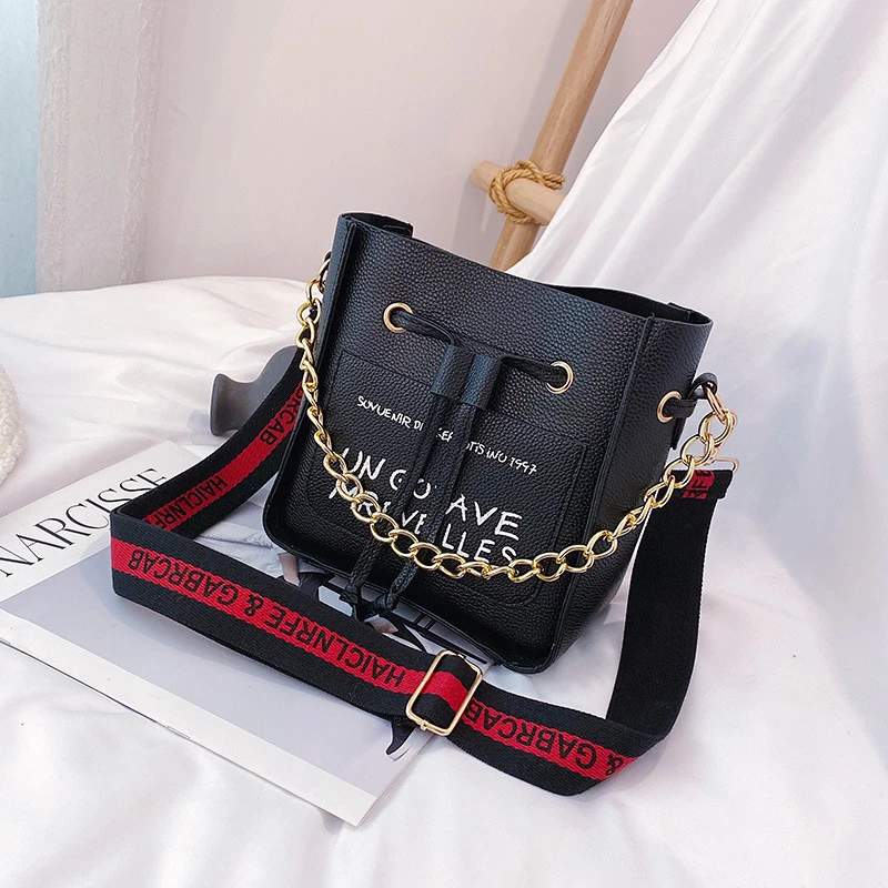 

Women Bags for 2019 with Chain Fashion Bucket Bag Women PU Drawstring Crossbody Shoulder Bags Designer Ladies Handbag