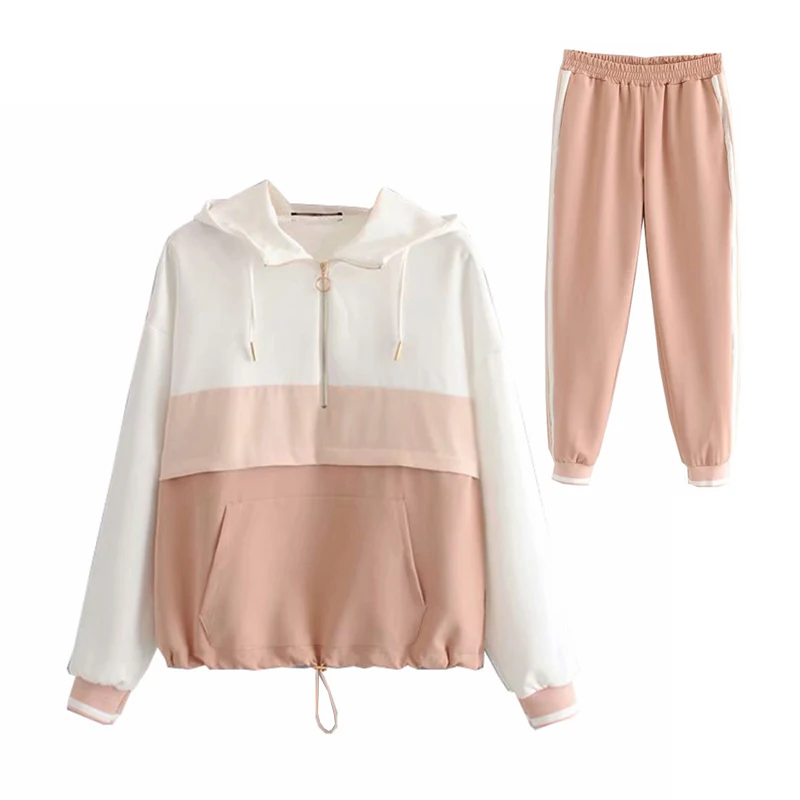 

Women tracksuit pink Two Piece Set Outfit Women 2019 Autumn Hooded Bomber Jacket Set Ladies Joggers Set Girls Loose Hoodies Set