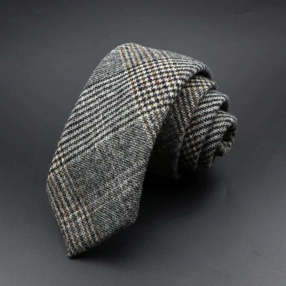 Classic Brown Grey Plaid Striped Wool Necktie Narrow Collar Slim Cashmere Tie For Man Suit Party Casual Accessory Cravat Gift neck tie