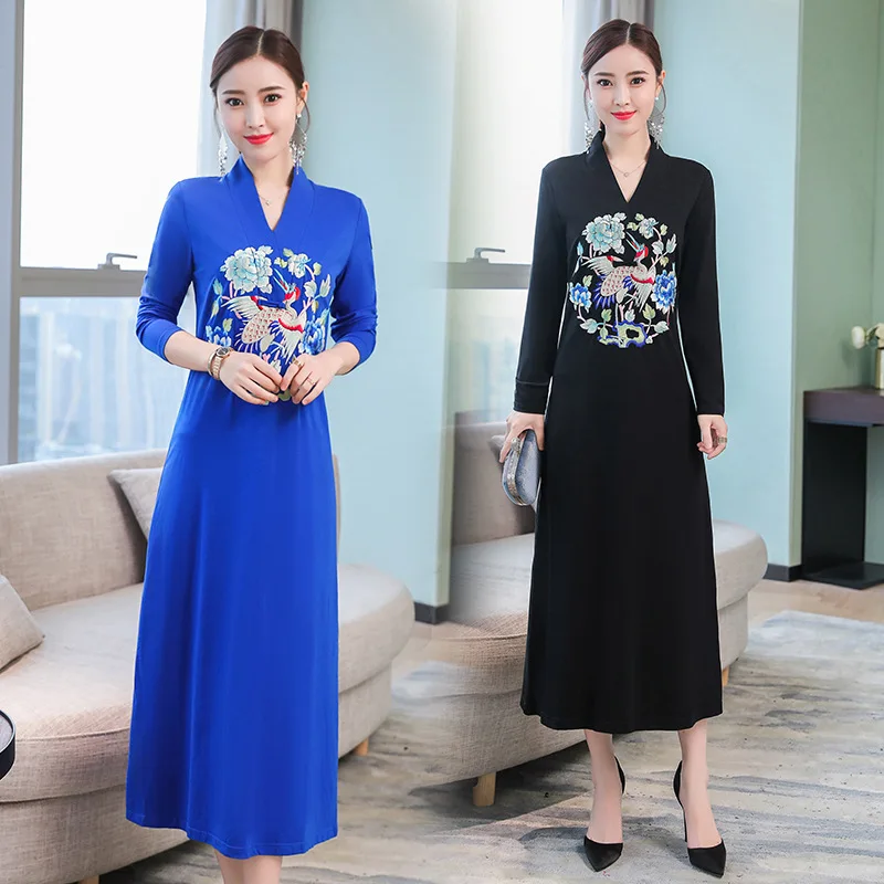 

Autumn New Products Ethnic Embroidery Vintage Peony Embroidered Medium-length Elegant Improved Dress