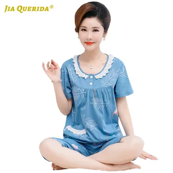 

Soft New Short Sleeve Blue Floral Pajamas Set Homesuit Homeclothes Fashion Style Casual Style Sleepwear Woman Clothes Summer