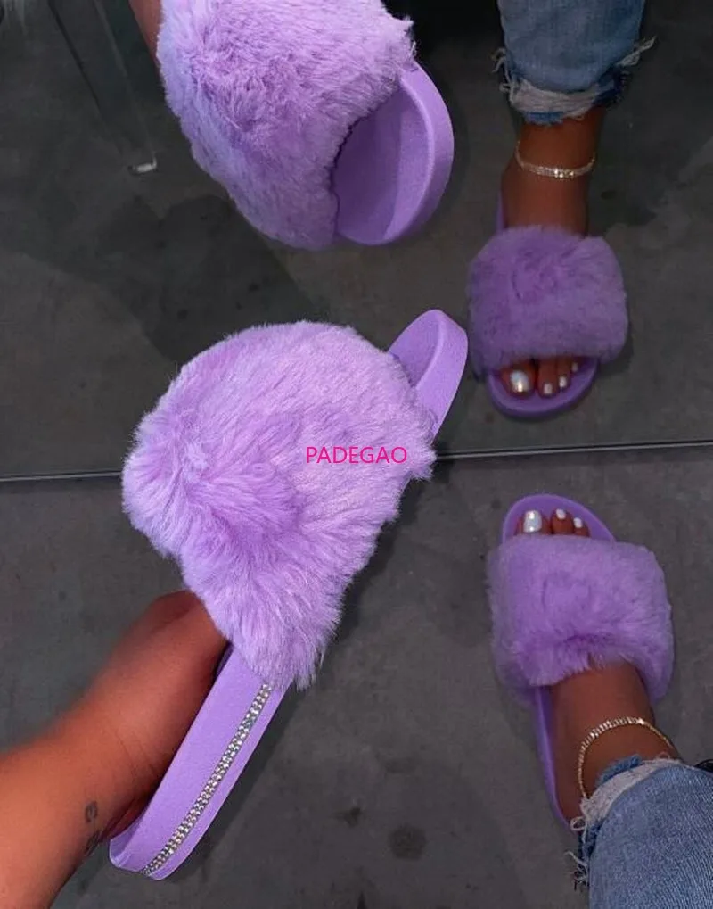 

Women 2020 Spring Indoor Home Furry Slippers Warm Casual with Crystal Slippers Outdoor Wild Non-slip Slippers Beach Candy Color