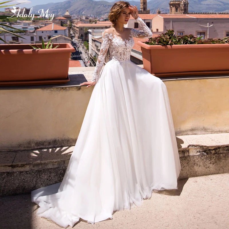 

Adoly Mey New Design Scoop Neck Long Sleeve A-Line Wedding Dresses 2020 Gorgeous Appliques Beaded Princess Bride Gown Plus Size