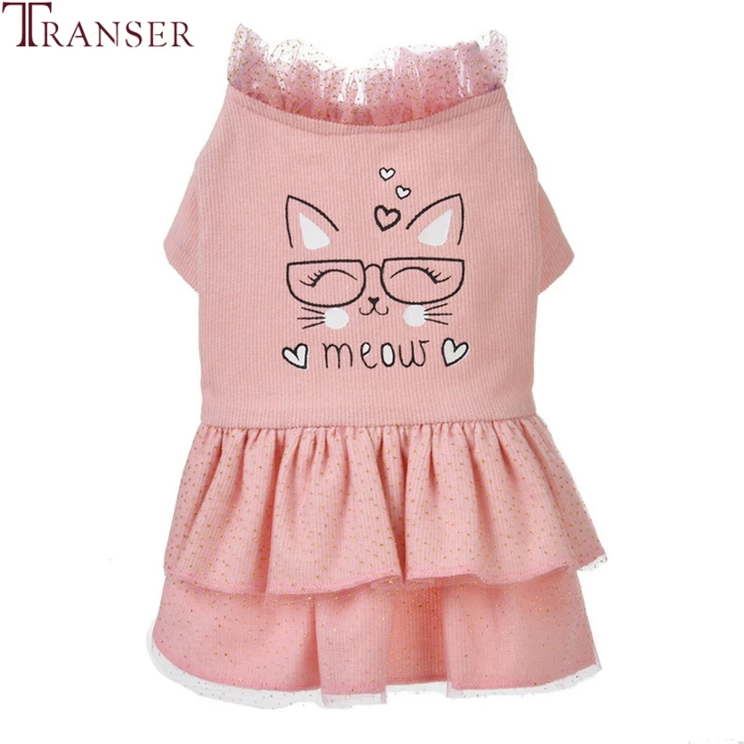 Transer Cat Print Meow Pink Dog Dress с коротким рукавом и оборками женская одежда для маленьких