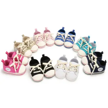 

2019 Baby First Walkers Baby Boys Girl Sports Sneaker Solid Shoes Infant Toddler Kids Casual Canvas Lace Up Shoes US Size 11-13