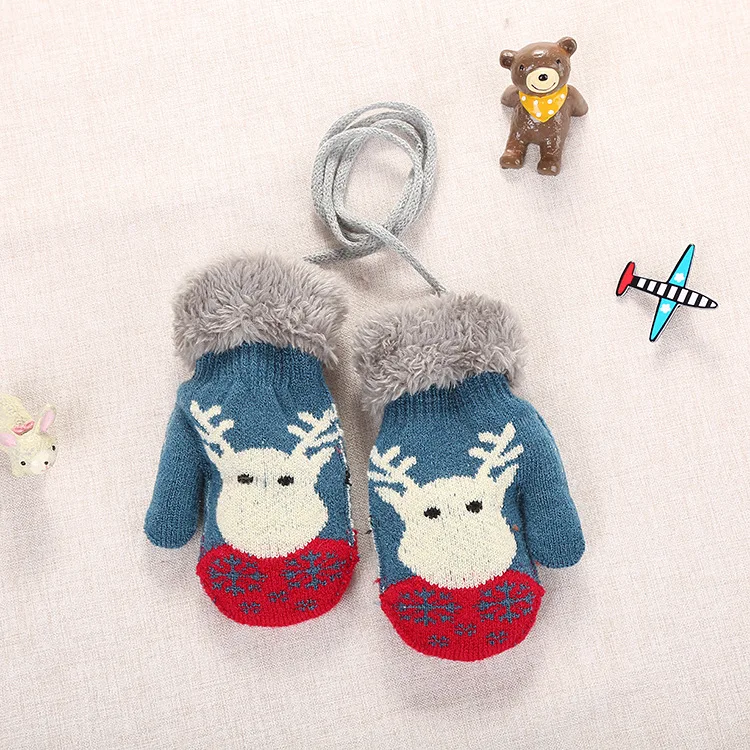 Blue Elk Herbabe/Детские Рождественские перчатки на зиму с рисунком оленя; бархатные вязаные варежки для малышей; теплые уличные перчатки для мальчиков и девочек - Цвет: Blue Elk