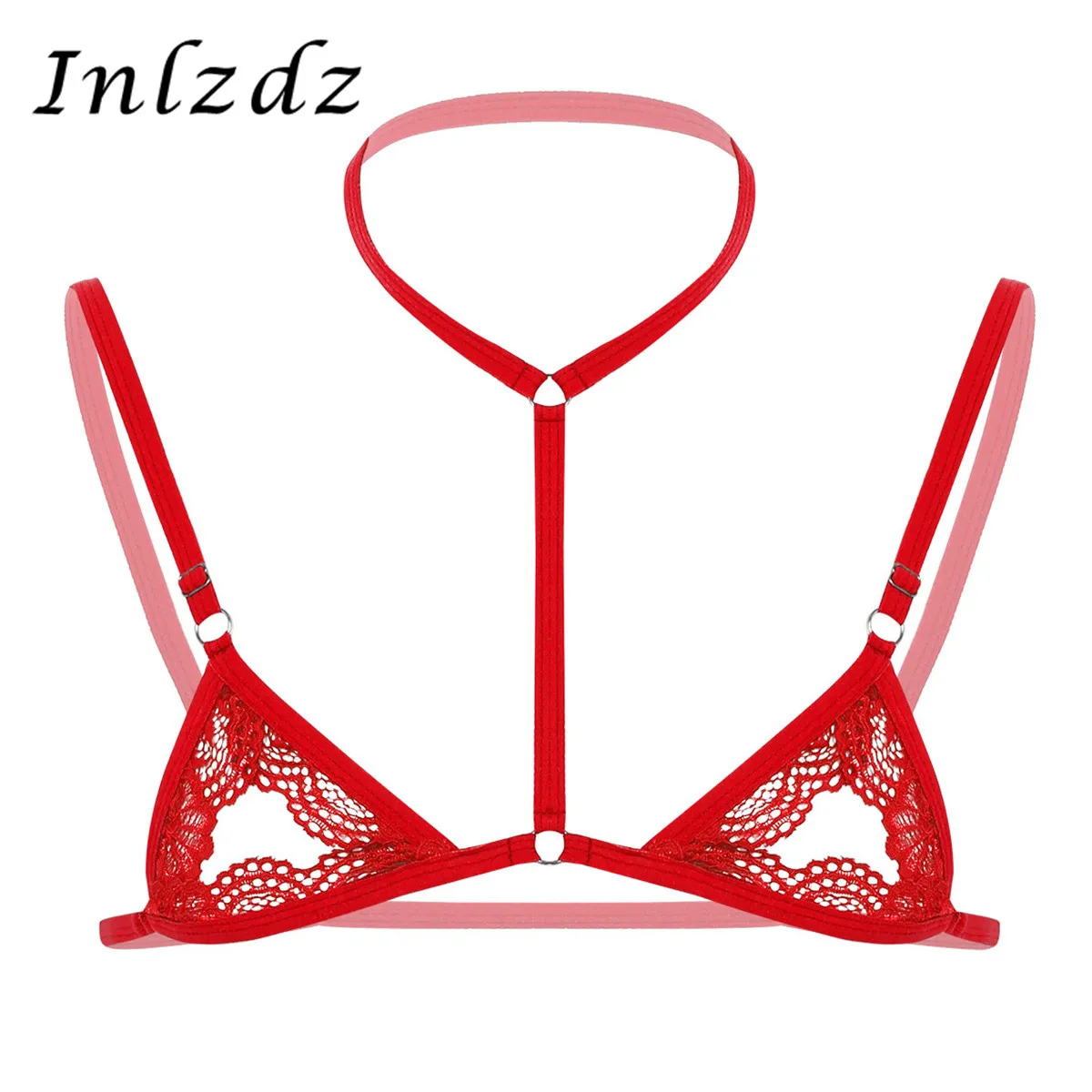 

Mens Erotic Lingerie Sissy Bra Top for Sex Sheer Lace Halter Neck Adjustable Spaghetti Straps Wire-free Unlined Mini Bra Tops