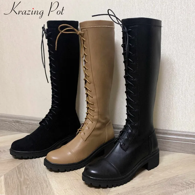 

Krazing Pot genuine leather simple style long boots round toe med heels women keep warm solid lace up basic knee high boots L0f2
