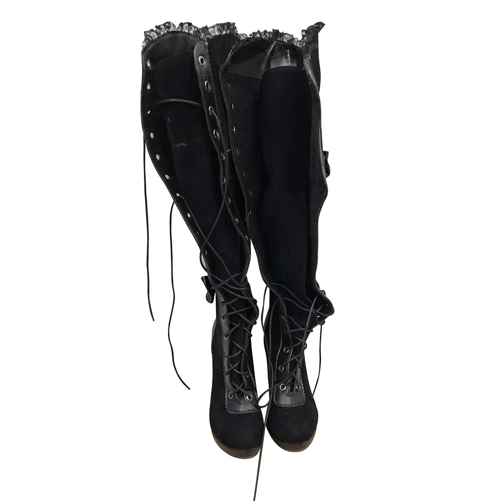 Высокие сапоги-трубы Для женщин Косплэй зимние ботинки на плоской подошве; в готическом стиле, горничная Лолита на бретелях с бантом ботинки с кружевом ботфорты, теплые замшевые сапоги