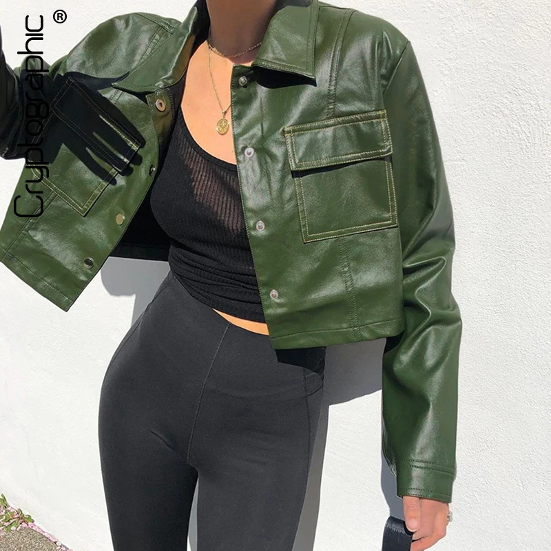 

Cryptographic Women's Cropped Jackets PU Leather Single Breasted Pocket Long Sleeve Crop Outwear Autumn Winter Fashion Coats New