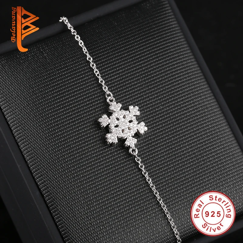 Зимний 925 пробы серебряный браслет с кристаллами Снежинка браслеты с подвесками для женщин Дамская мода ювелирные изделия Рождественский подарок