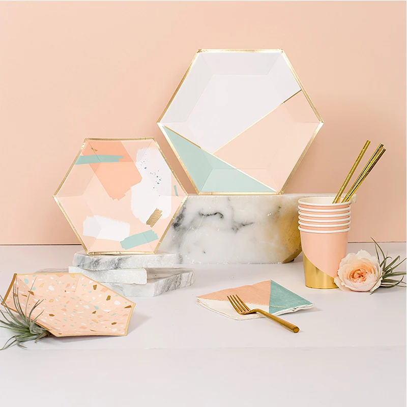 

Mint Green Pink Foil Gold Birthday Party Supplies Cake Dish Disposable Tableware Paper Plate Cups For Wedding Baptism Favors