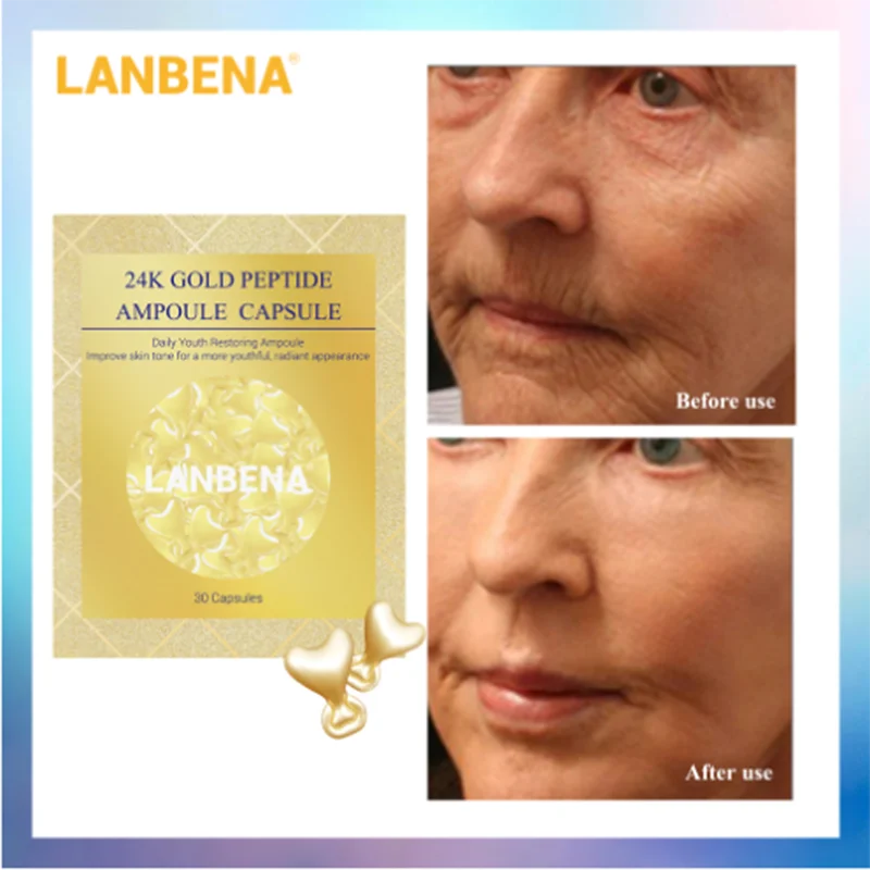 LANBENA Гиалуроновая кислота 24K золото пептид ампулы капсулы морщин крем для лица Отбеливание кожи сыворотка против старения укрепляющий 30 зерна