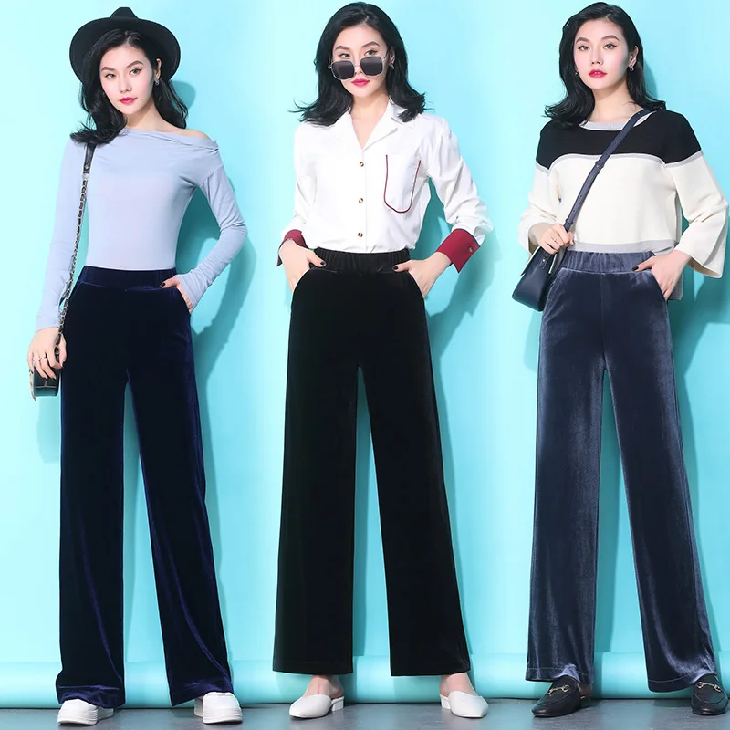 

Plus Size Loose Women Velvet Long Pants Autumn Winter Casual Warm Wide Leg Pants Elastic Waist Office Ladies Work Wear Trousers