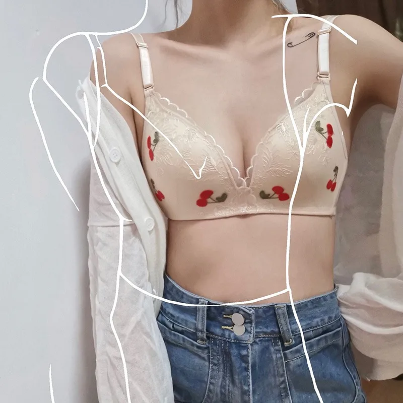 

Adjustable Rimless Bra Set Thin Section Push Up Gathered Embroidery Fruit Pattern Comfortable Underwear Panties Set Drop Shoppin