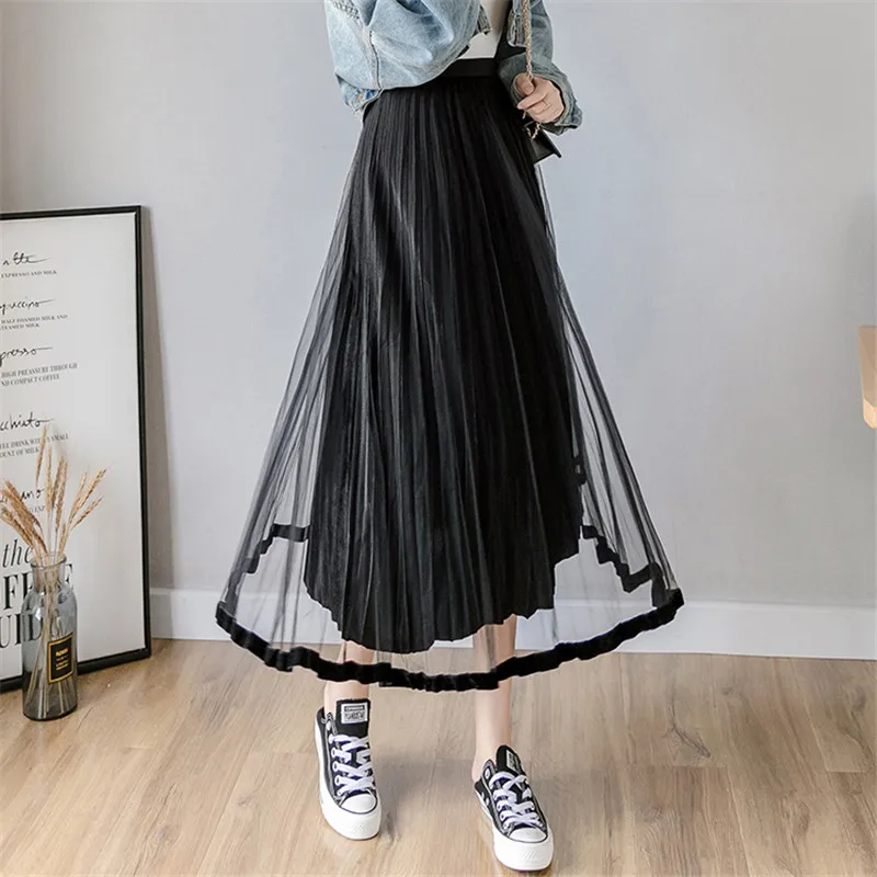 Осенне-зимние женские бархатные юбки женские с высокой талией сетчатые длинные плиссированные юбки женские модные замшевые макси юбки