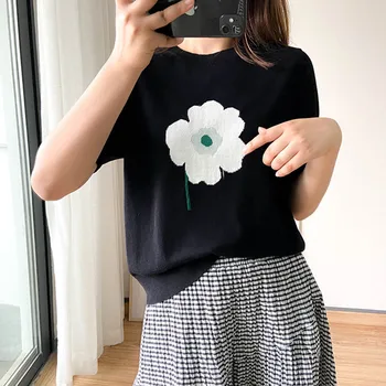 

Flowers Womens Knitted T shirt O-neck Short Sleeve Knitwear Tee Top Female t-shirts Clothes 2020 New