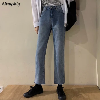 

Jeans Women Elegant High-waist Blue Straight Ulzzang Korean Womens Trousers All-match Daily Females BF Streetwear Ankle-length