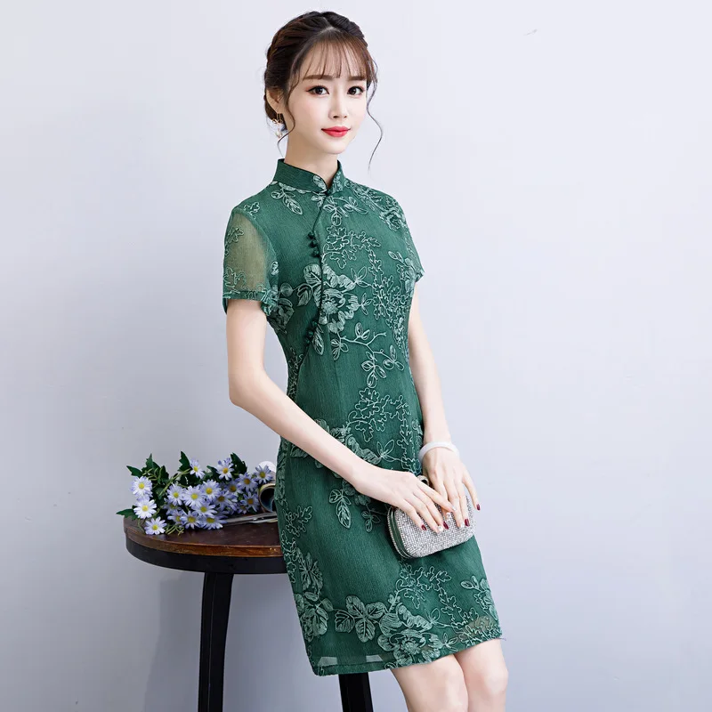 Женское платье в китайском стиле с кружевным цветком и пуговицами, Qipao, вечернее платье для вечеринки, Vestidos, воротник-стойка, Cheongsam