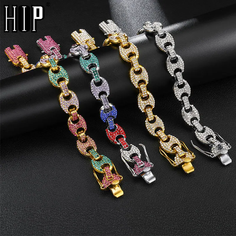 

HIP Hop 12MM 20CM Multi-color Iced Out Rhinestoned Gold Silver Coffee Beans Link Chain Bracelets Chain For Men Jewelry