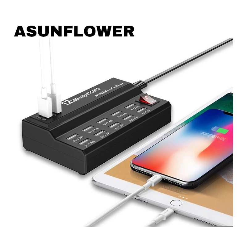 

Asunflower 12 Port USB Charger HUB Charging Station Multi USB Port 5V 12A 60W Desktop Charger For iPhone Samsung Phone Tablet