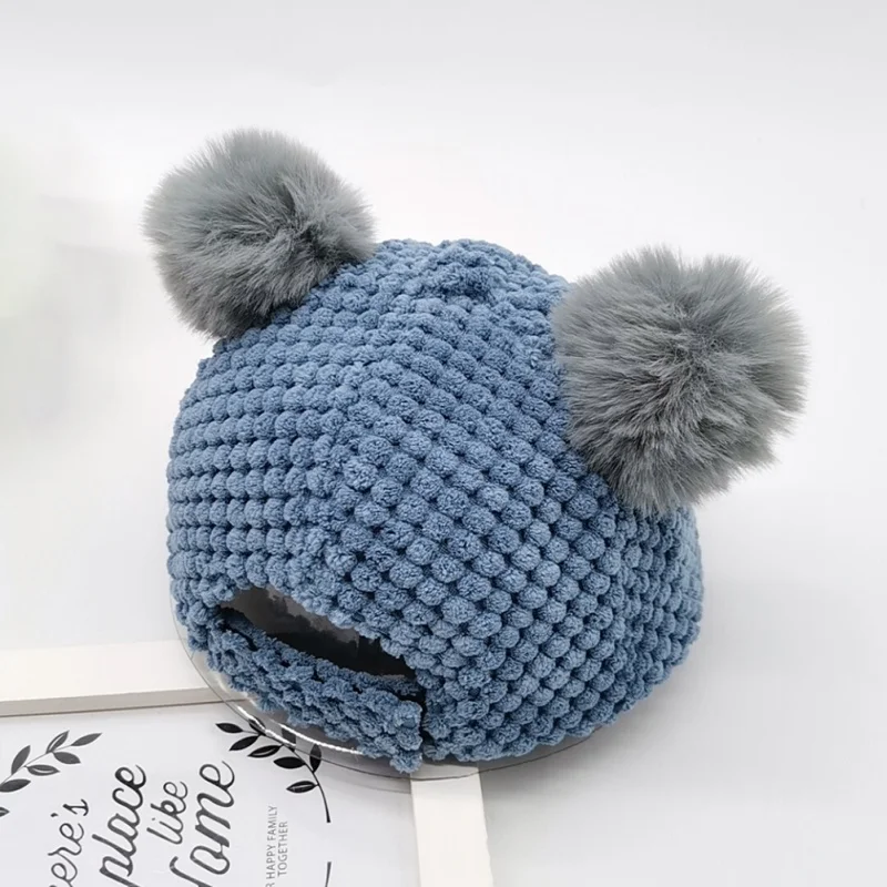 Милая детская шапка с рисунком медведя из мультфильма; детская вязаная хлопковая шапочка; сезон осень-зима; теплые шапки с двумя помпонами для девочек; 6-24 месяца