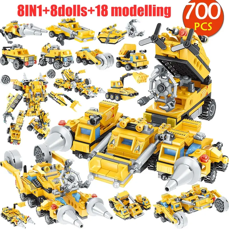 

700PCS City Engineering Police 8 in 1 Deformation Robot Car Building Blocks Legoing Figures Combination Bricks Toy for Children
