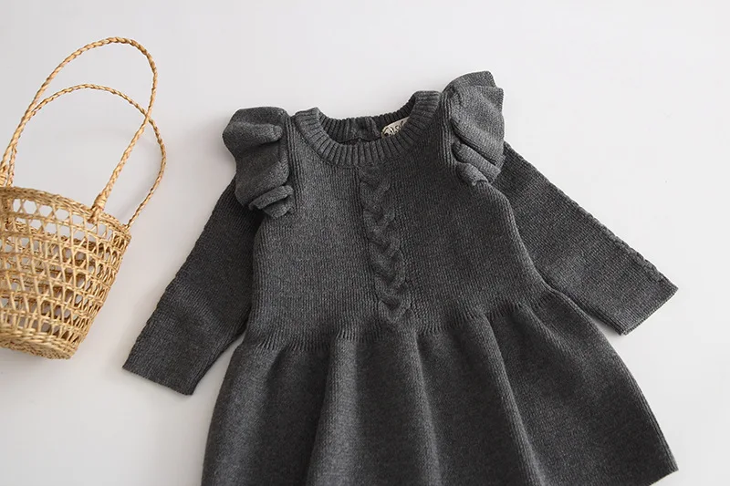 Коллекция года, осенне-зимняя одежда для малышей теплое платье в рубчик для маленьких девочек вязаные платья с длинными рукавами и оборками Вечерние платья принцессы