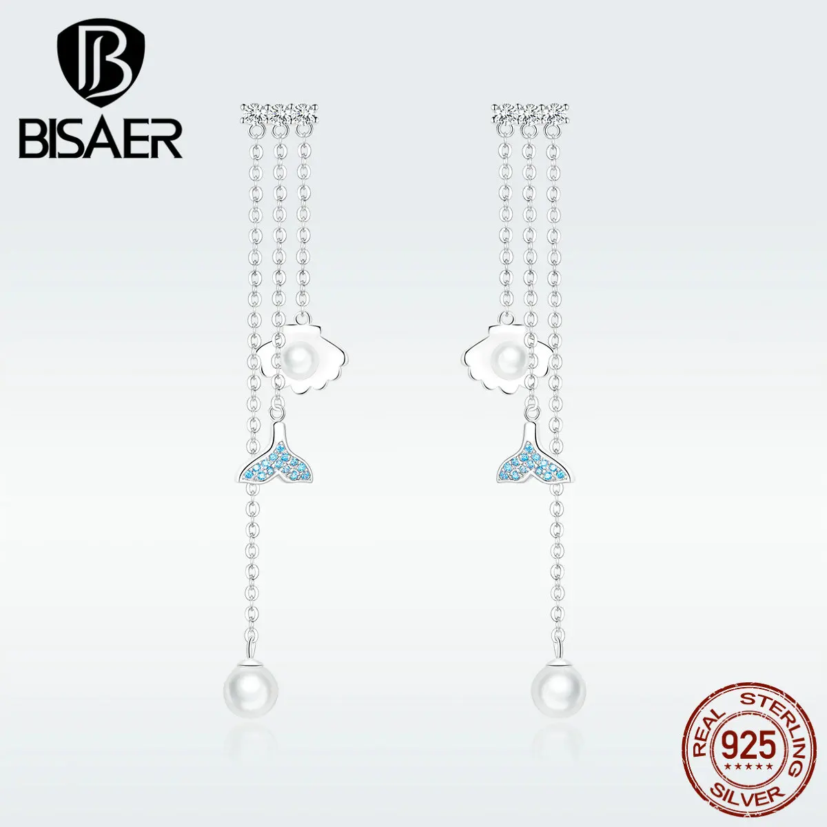 

BISAER Original Peal Dangle Eearrings Simple Lines Tassel Meimaid 925 Silver Earrings For Women Girls Jewelry HSE692