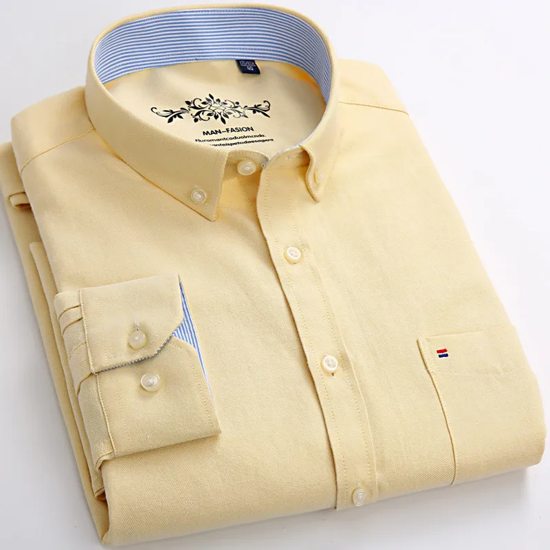 Мужская Повседневная Белая оксфордская рубашка с длинными рукавами Однотонная рубашка на пуговицах Воротник Новая удобная Деловая одежда 5XL 6XL Большие размеры - Цвет: Yellow