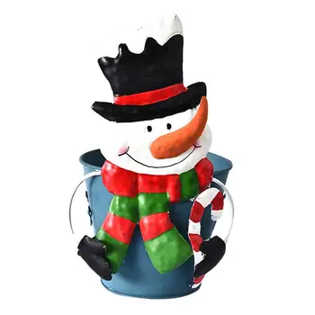 

1pc Flower Bucket Snowman Iron Sheet Cartoon Christmas Desktop Candy Bucket Vase Flowerpot For Home Office