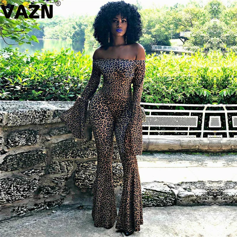 VAZN SN3690 Leopard New Overalls High-end Sexy Soft Mature Fashion Slash Neck Full Sleeve High Waist Women Long Pants Jumpsuits
