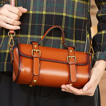 

QIAOBAO new Messenger bag Cowhide Leather retro shoulder bag trend portable Lady Messenger bag ather handbags Pillow Bag