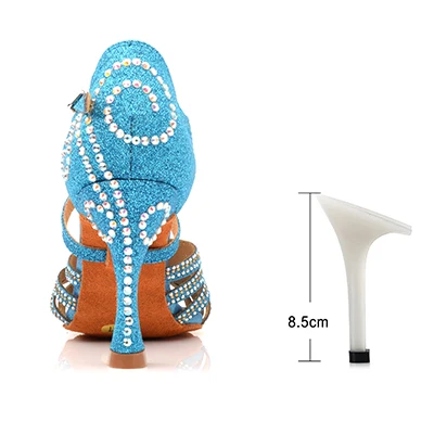 Blue 8.5cm New Flash Gold Latin Dance Shoes Ladies High Heel Rhinestone Dance Shoes Indoor Soft Bottom Performance Ballroom Girls Party - Цвет: Blue 8.5cm