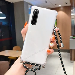 Shockproof Transparent Crossbody Lanyard Phone Case with Clear Back Cover for Xperia 8 (Black rice)