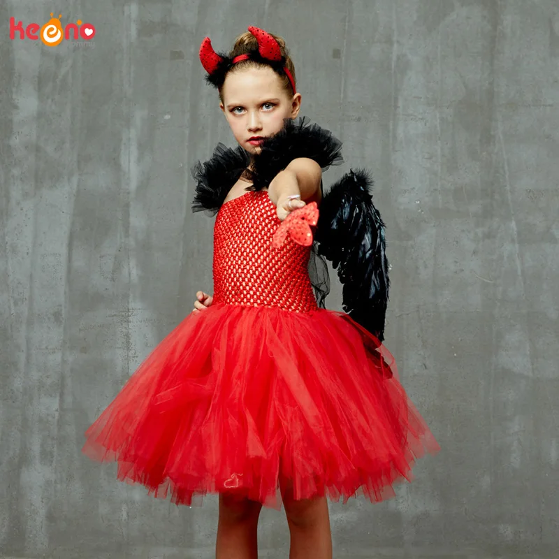 Платье-пачка для девочек на Хеллоуин, Красный Дьявол, с рожками, крыльями, вихрем, малиновый демон, детское нарядное платье, карнавальное праздничное платье, костюм