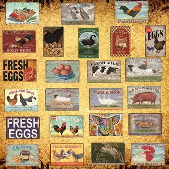

[Luckyaboy] Pig Duck Fresh Eggs Milk Metal Sign Farm Shop Home Wall Decor Vintage Poster Tin Plate Happy Chicken Retro AL006