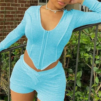 

YYXZ Woman Sets Autumn Fashion Slim Solid Color Long Sleeve Crop Top SML 7 Colors Hooded Woman Casual Skinny T-shirt & Shorts