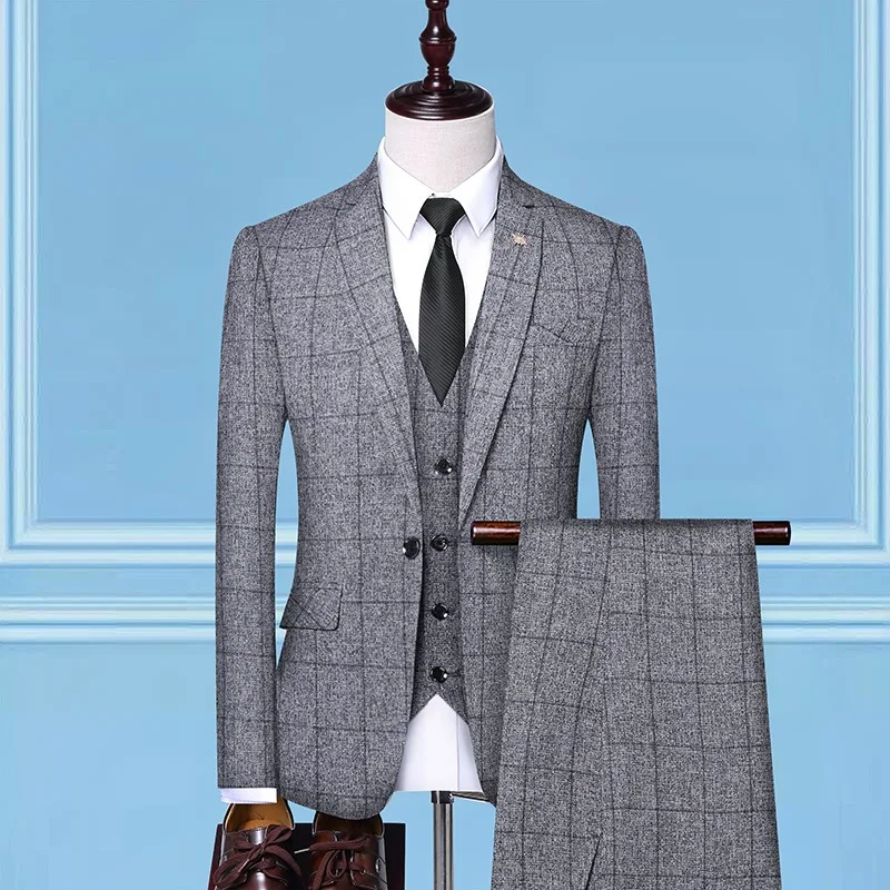 

2019 Spring New Style Groom Slim Fit Plaid Suit Three-piece Set Korean-style Wedding Best Man Men Formal Dress